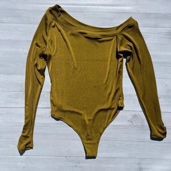 Free People Tops - Free People Intimately Metallic Gold Off the Shoulder Bodysuit Size XL